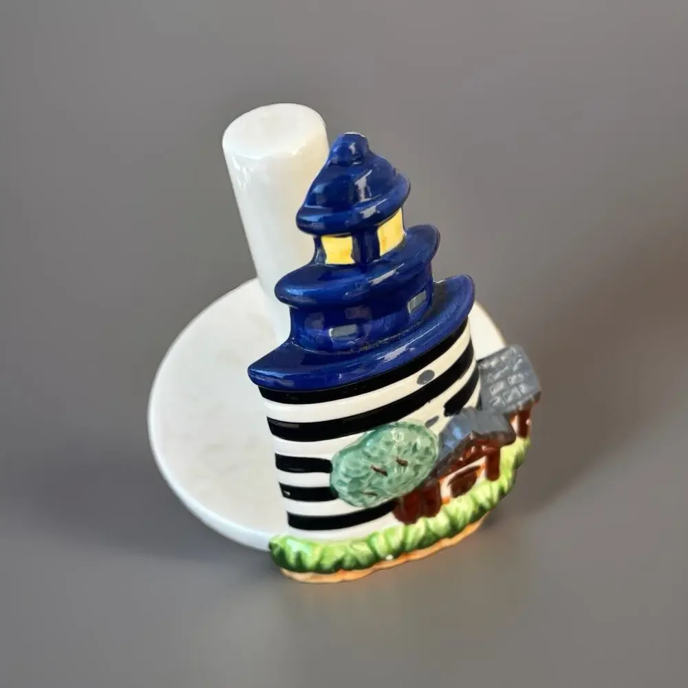 GMI Industries Ceramic Lighthouse Taper Candle Holder, Nautical Striped Glossy